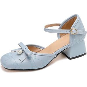 BGFCDFGV Vierkante tenen met strikgesp voor dames sandalen met hoge hakken,Blauw,34 EU
