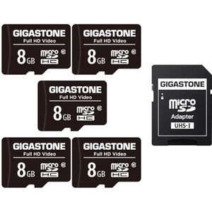 Gigastone 8 GB geheugenkaart, 5 kaarten, hoge leessnelheid tot 80 MB/s. Ideaal voor draagbare Full HD-video, U1 C10 Micro SDHC UHS-I kaart met 2 mini-hoesjes en 1 SD-adapter.