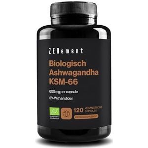 Ashwagandha KSM-66 Biologisch – 600mg per Capsule – Wortelextract met 5% Withanoliden – Natuurlijke Vegan Formule Zonder Additieven – 120 Vegan Capsules – 4 Maanden Voorraad – Zenement