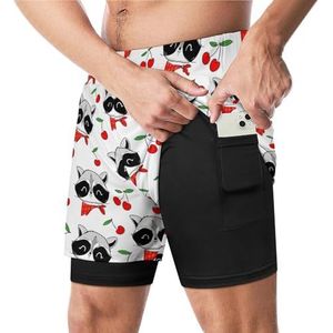 Wasbeer en kersenpatroon grappige zwembroek met compressie voering en zak voor mannen board zwemmen sport shorts