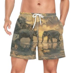 Afrikaanse Zonsondergang Olifant Dier Heren Zwembroek Board Shorts Sneldrogende Trunk met Zakken, Leuke mode, XL