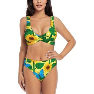Zelinge Kleurrijke Wrap Front Bikini Top en Hoge Taille Bodem Zomer Badpak Twist Front Badpak S-2XL, Blauwe Vlinder Zonnebloemen, S