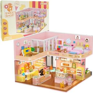 Mini creatief speelhuis bouwstenen set met LED-lichthuis huisje constructie bouwspeelgoed cadeau voor jongens meisjes NIET compatibel met le/go(Dessert shop)