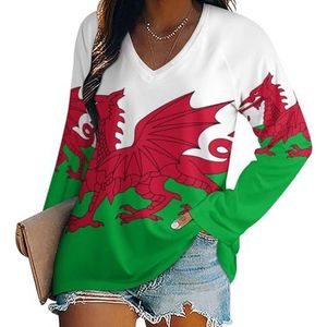 Vlag van Wales Welsh dames lange mouwen V-hals T-shirts herfst tops pullover tuniek T-shirt voor leggings