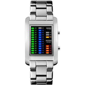 Gosasa Mannen Binaire Matrix Blauw LED Digitaal Waterdicht Horloge Creatieve Roestvrij Staal Militaire Horloges, Zilver, Men's standard, armband