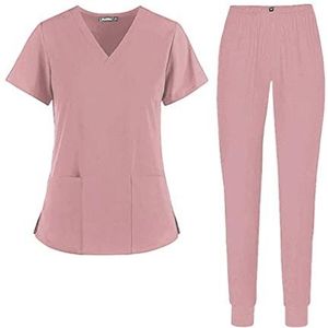V-hals verpleging scrub set met 2 zakken, SPA-uniformen kleding, mode werkkleding slanke ademende top broek, comfortabel shirt met korte mouwen, Roze, XL