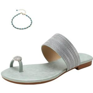 Xytraiihw Platte sandalen voor dames, comfortabele sandalen met zachte zool en strass steentjes grote strandschoenen modieuze Boheemse open teenslippers voor sport en strand,Groen,36 EU