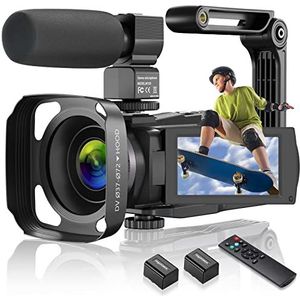 CAMKORY Videocamera 4K 48MP camcorder wifi, vlogging camera voor YouTube 16X digitale zoom, 3,0 inch IPS touchscreen, IR nachtzicht, met microfoon, batterijlader en 2 batterijen, handstabilisator