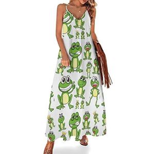 Green Frogs Funny Faces dames zomer maxi-jurk V-hals mouwloze spaghettibandjes lange jurk
