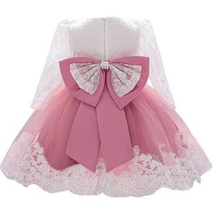 HOIZOSG Baby Meisjes Doopjurk Lange Mouw Kant Pageant Doop Formele Bruiloft Strik Verjaardagsfeest Dans Jurk, Stoffige Roos, 9-12 maanden