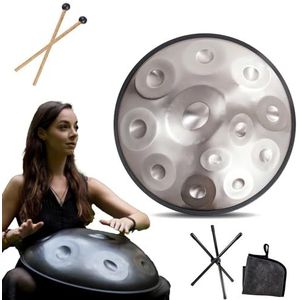 Handpan instrument - 432Hz/440Hz 9/10/ 12 Noten - 55cm Steel Tongue Drum - Hand Pan Drum met Drumhouder voor Klankgenezing (Size : 440Hz, Color : SILVER_12 NOTES)