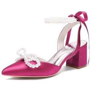 KYEGLO Dames Sandalen Met Spitse Neus, Satijnen Blokhak En Parel Enkelbandje, Gesloten Neus Met Parelstrikje - Ideaal Voor Casual Gelegenheden, Werk En Bruiloften,Rose,36