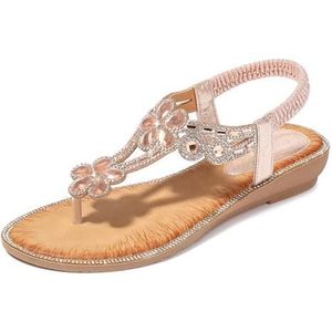 Xytraiihw Dames Casual Zomer Sandalen, met Bloemen Strass Zomerschoenen Clip Teen Wedge Hak Sandalen met Elastische Band Open Teen Slippers Strandschoenen,Roze,36 EU