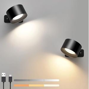 Led-wandlamp voor binnen, 2 stuks, 3 helderheidsniveaus, 3 kleurmodi, bedlamp, 360 graden draaibare touch-bediening, draadloos, voor woonkamer, slaapkamer, hal(zwart)