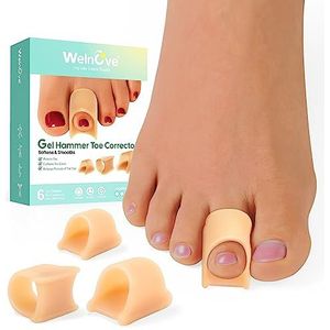 Welnove Hammertoe Corrector - 6 stuks teenspalken - zachte gel teenstijltangen - Realign Bent, Curled, Crooked, Claw, Hammer Toes - Toe Corrector voor mannen en vrouwen, 3 verschillende maten (beige)