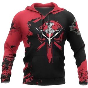 Viking Hoodie voor Heren, 3D-print Odin's Raven en Thor's Hammer-afbeelding, Noorse Mythologie Pullover Sweatshirt(Red,5XL)