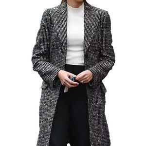 Suiting Style Michelle Keegan Lange Winter Cosplay - Fool Me Once Geruite Grijze Wollen Trenchcoat Voor Vrouwen, Grijs, XXL