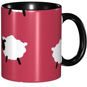 BEEOFICEPENG Mok, 330ml Aangepaste Keramische Cup Koffie Cup Thee Cup voor Keuken Restaurant Kantoor, Leuke Schapen Cartoon Wit Schaap Rood Gedrukt