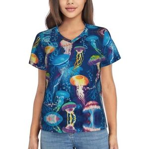 RAOWEI Gekleurde Jellyfish Print Dames Zomer Tops Casual V-hals T-shirt Korte Mouwen, Losse Fit Dressy Pullover, Zwart, M