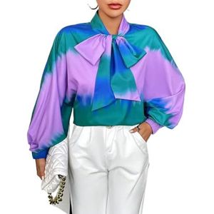dames topjes Tie-dye blouse met strikhals en vleermuismouwen for dames | Elegante top met striksluiting aan de voorkant en lange mouwen (Color : Multicolore, Size : X-Small)