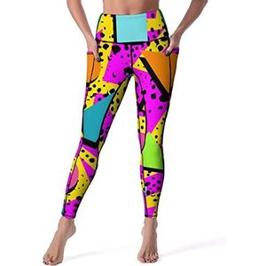 Geometrische jaren 80 Memphis Kleurrijke Pop Vrouwen Yoga Broek met Zakken Hoge Taille Legging Panty voor Workout Gym