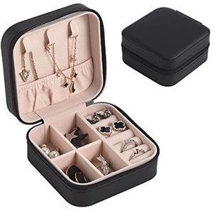 Travel Portable Jewelry Organizer, Portable Travel Mini Jewelry Box, Travel Jewelry Box, Mini Jewelry Travel Case, PU Leather Small Jewelry Box for Earrings, Ring, Necklaces (Black)