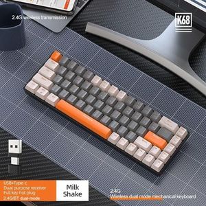 QPSJXN K68 Draadloos mechanisch toetsenbord, 2,4 G, bluetooth, hot swap, rood en blauwe schakelaar, USB-type C-games en mobiele apparaten (Milkshake-BlueSwitch)