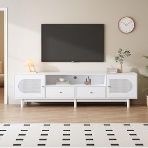 Idemon Elegante 180 cm lange tv-standaard van wit rotan voor 80 inch televisies - kabelgeleiding, 2 deuren, 2 laden, tv-standaard, tv-kast, woonkameronderkast, tv-lowboard