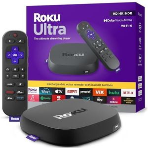 Roku Ultra 2024 - Ultieme streaming-speler - 4K-streamingapparaat voor tv met HDR10+, Dolby Vision & Atmos - Bluetooth en Wi-Fi 6 - Oplaadbare spraakafstandsbediening Pro met verlichte knoppen -