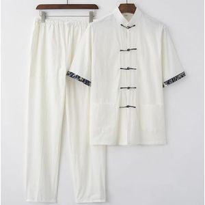 Heren Kung Fu-kleding Lange mouwen Losse traditionele Chinese kleding, Katoenlinnen, Vechtsportpak, Ademend, Comfortabel, Kung Fu-uniformen, Tai Chi-kleding, Korte mouwen, Hennepshirt (Color : White