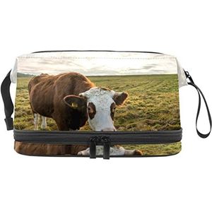 Grote capaciteit reizen cosmetische tas,Blauwe lucht gras en koe,Make-up tas,Waterdichte make-up tas organisator, Meerkleurig, 27x15x14 cm/10.6x5.9x5.5 in