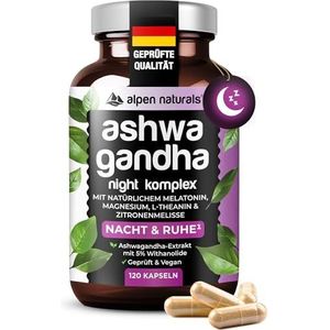 Ashwagandha Night Complex – 120 capsules met natuurlijke melatonine (zure kersenextract), magnesium, citroenmelisse, groene thee (L-Theanine) en vitamine B6/D3/K2 – veganistisch & laboratorium getest