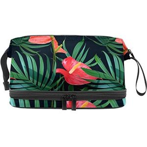 Grote capaciteit reizen cosmetische tas,Tropische bloemen palmbladeren patroon, make-up tas, waterdichte make-up tas organisator, Meerkleurig, 27x15x14 cm/10.6x5.9x5.5 in