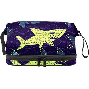 Dubbele Laag Cosmetische Tas Haai Zee Paars Draagbare Make-up Tas Reizen Organizer Pouch voor Vrouwen Meisjes Toiletartikelen Tassen, Meerkleurig, 27x15x14 cm/10.6x5.9x5.5 in, Make-up zakje