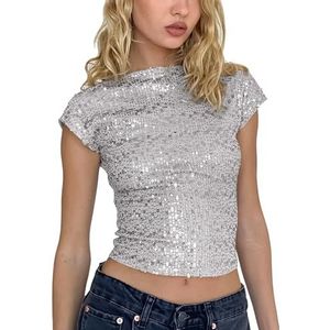 MLKLDOU Vrouwen Glitter Pailletten Tank Tops Backless Mouwen Shimmer Hemdje Vest Tops Korte Mode Slim T-shirt voor Vrouwen Meisje, zilverkleurig., M