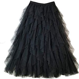 LaoZan Vrouwen Geplooid Tulle Maxi Rok Enkellengte Elastische Hoge Taille Een Lijn Vloeiende Hem Ademend Petticoat (Zwart,Taille (60-80) cm)