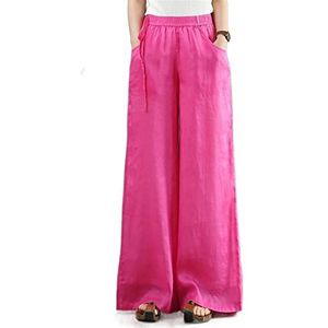 Linnen elastische taille wijde pijpen broek vrouwen lange broek zomer effen kleur casual losse broek vrouwelijke boho kleding (Color : Fuchsia, Size : One Size)