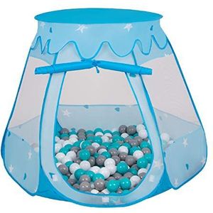 SELONIS Baby speeltent met plastic ballen, tent 105 x 90 cm / 200 ballen, plastic ballen voor kinderen, blauw: grijs, wit, turquoise