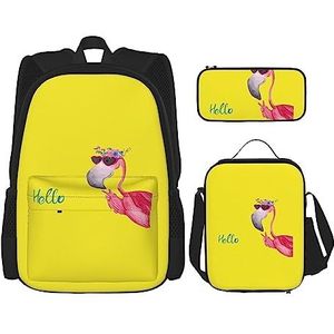 TOMPPY Hallo glazen flamingo bedrukte rugzak set 3 stuks, schooltassen met lunchbox en etui voor primaire, Zwart, Eén maat, Schooltas Set