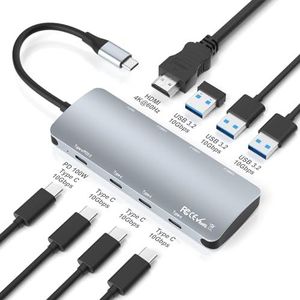 8-in-1 USB C-hub, 10 Gbps USB C multipoortadapter met HDMI 4K, 3 USB-C 3.2 Gen 2, 3 USB-A 3.2, 100 W voeding, USB C-hub compatibel met MacBook Pro/Air, Chromebook en andere computers