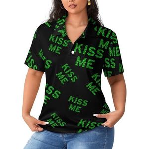 Kiss Me Shamrock Clover Poloshirts voor dames, korte mouwen, casual T-shirts met kraag, golfshirts, sportblouses, tops, S