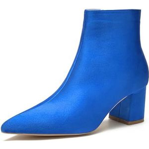 Vrouwen Chunky Blok Lage Hiel Chelsea Enkellaarsjes Puntige Neus Zijrits Kantoor Klassieke Satijnen Jurk Korte Bootie,Blauw,35 EU
