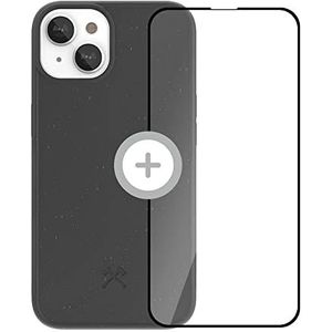 Woodcessories - Bio Case compatibel met iPhone 13 Mini hoesje Zwart met kogelvrij glas - Kunststofvrij, biologisch afbreekbaar, duurzaam gemaakt van planten