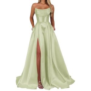 Satijnen bruidsmeisjesjurken voor dames, voor bruiloft, ruches, avondjurken, cocktailjurken, grote maten, Sage Groen, 32