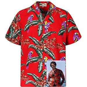 King Kameha Origineel Paradise Found Hawaïhemd voor heren, korte mouwen, voorzak, Hawaii-print, Magnum Tom Selleck, Tom Selleck Jungle Bird Rood, XL