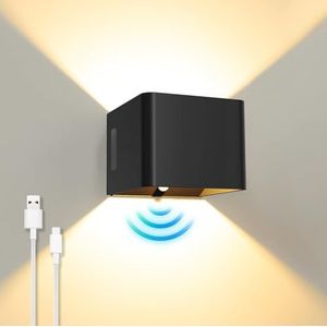 ACMHNC LED Wandlamp voor binnen, met bewegingsmelder, 5W Oplaadbare Wandlamp, 3000K warmwit, Wandlamp zwart op batterijen, voor slaapkamer, woonkamer, trap, hal