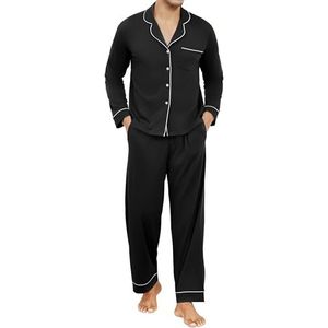 Reliwel Heren Lange Overhemdpyjama Katoenen V-hals Tweedelige Pyjamaset Shirt met Lange Mouwen en Pyjamabroek Loungewear Heren Nachtkleding Huispak