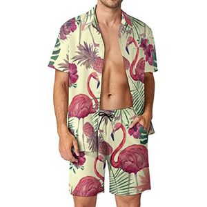 Aquarel Flamingo Bladeren Mannen Hawaiiaanse Bijpassende Set 2 Stuk Outfits Button Down Shirts En Shorts Voor Strand Vakantie