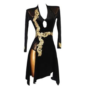 B,L,PONNYC Fluwelen Latijns Dans Wedstrijd Kostuums Cha Cha Dansrok Met Decals Voor Dames Mesh Splice Ballroom Dansjurken Tango Dansoutfit Met Strass