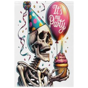 Skelet Holding Verjaardag Cupcake Welkom Tuin Vlag Dubbelzijdig, Kleine Boerderij Rustieke Tuin Vlaggen voor Outdoor Decoratie 30,5 x 45,5 cm